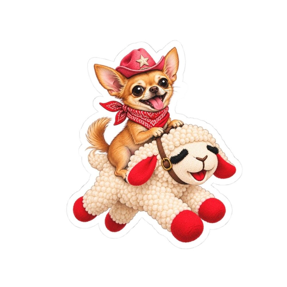 Chihuahua Cowboy on Plush Lamb Sticker | Kiss-Cut Sticker